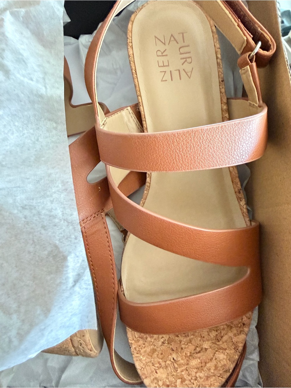 Naturalizer Tan Multi-Strap Cork Wedge Sandals 9 Wide